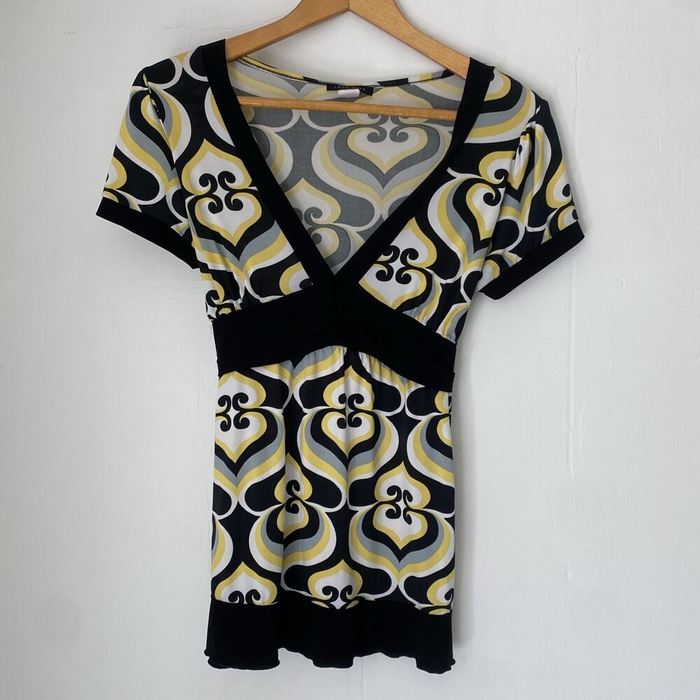 VTG Y2K Can't Miss Top Womens 2X V-Neck Stretch Empire Tie Back SS Print Artsy